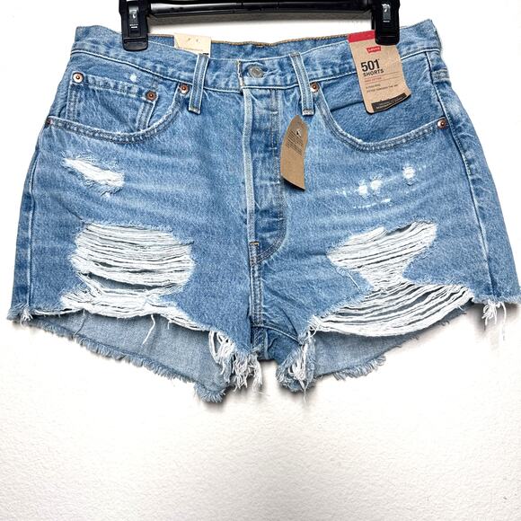 Levi’s 501 High Rise Distressed Denim Cutoff Shorts Raw Hem Size 30 - Picture 3 of 9